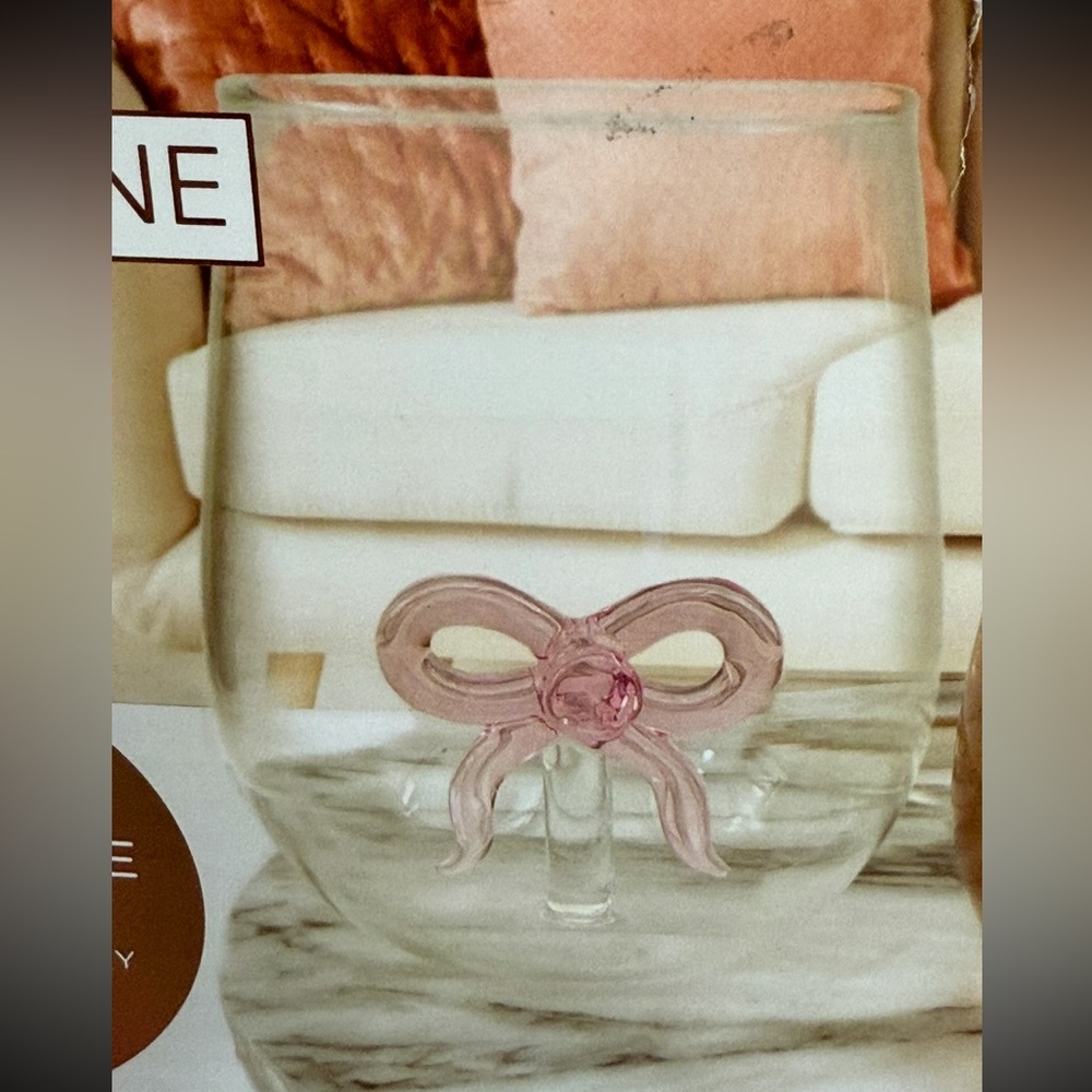 ONE Stemless Glass with Pink Bow Accent